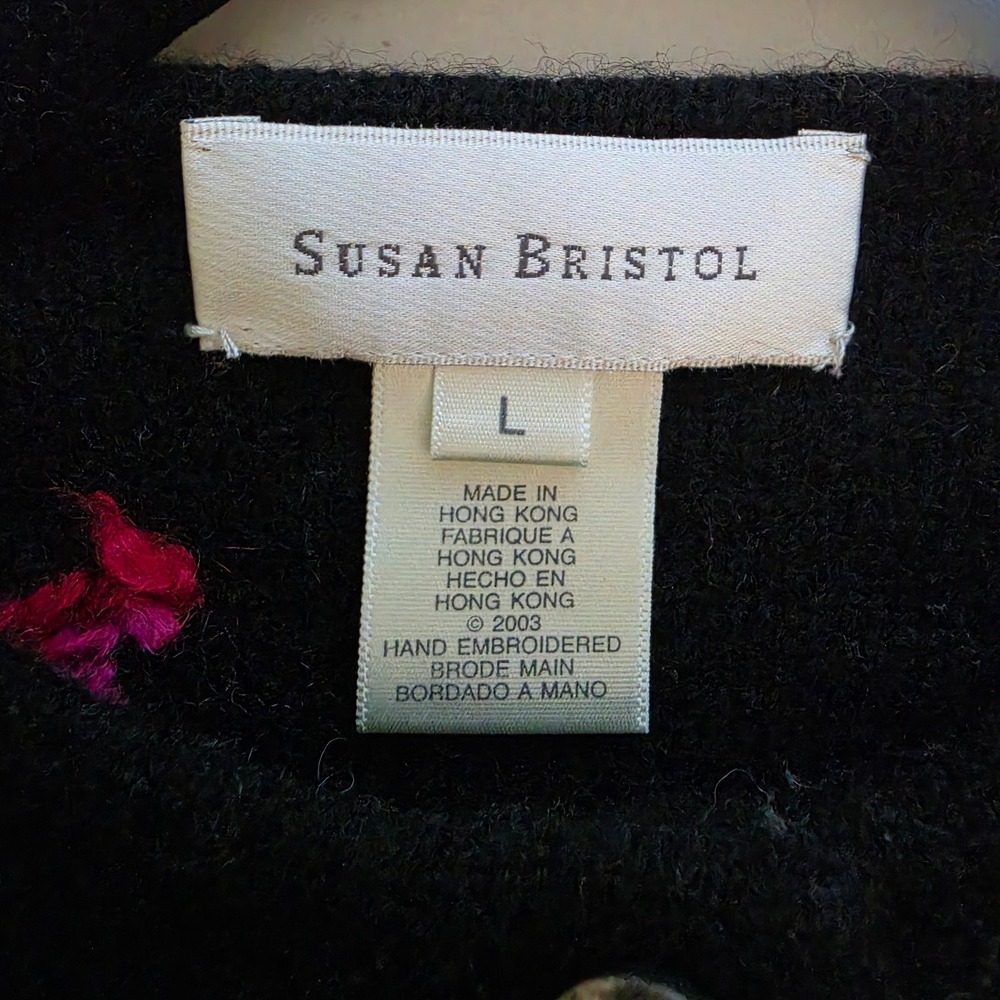 Susan Bristol Cardigan Women L Black Floral Hand Embroidered Boiled Wool Sweater - Picture 3 of 6